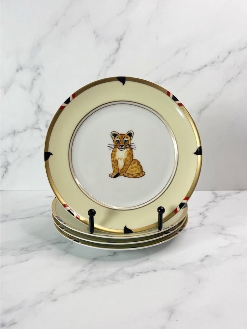 Set Of 4 Lynn Chase Porcelain Exotica 6.5” Bread Plates Wild Cat Cub